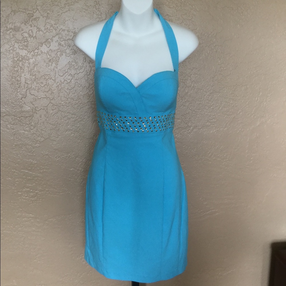 G by Guess Turquoise Halter Backless Mini Dress with Studded Waist